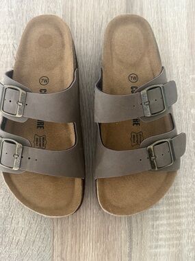 Comfort Slide Sandals with Dual Buckles - Taupe